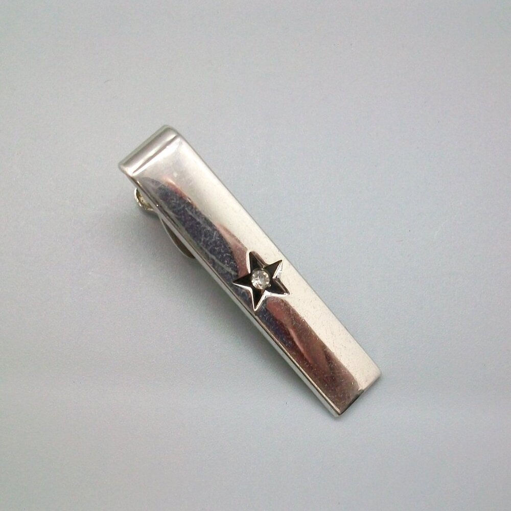 Vintage Swank Silver Tone Metal Tie Bar Clip Black Star Clear Rhinestone Accent